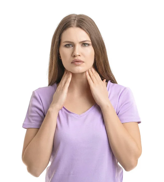 Young Woman Thyroid Gland Problem White Background — Stock Photo, Image
