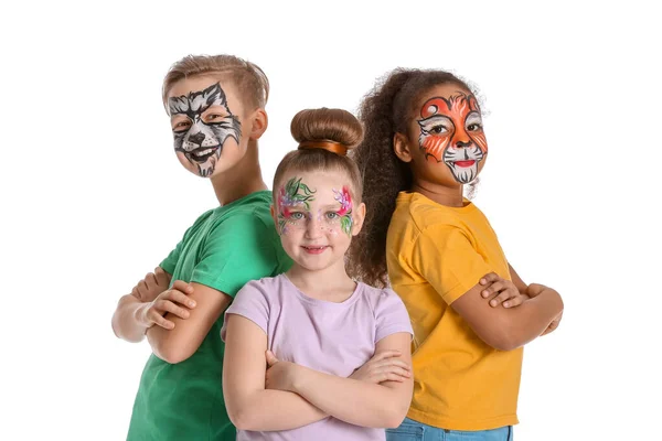 Engraçado Crianças Com Pintura Facial Fundo Branco — Fotografia de Stock