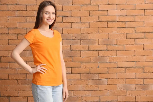 Young Woman Stylish Shirt Brick Background — Stock Photo, Image