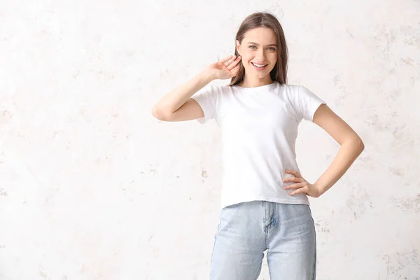 Young Woman Stylish Shirt Light Background — Stock Photo, Image