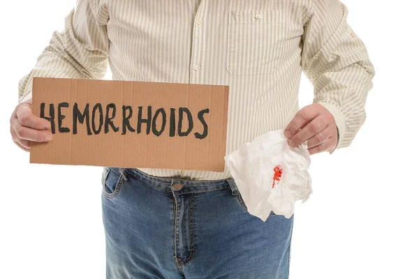 Elderly Man Holding Paper Text Hemorrhoids White Background — Stock Photo, Image