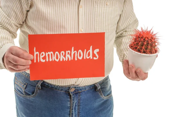 Elderly Man Holding Paper Text Hemorrhoids Cactus White Background — Stock Photo, Image