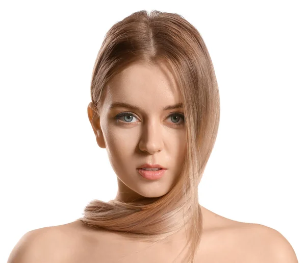 Junge Blondine Mit Schönen Haaren Auf Weißem Hintergrund — Stockfoto
