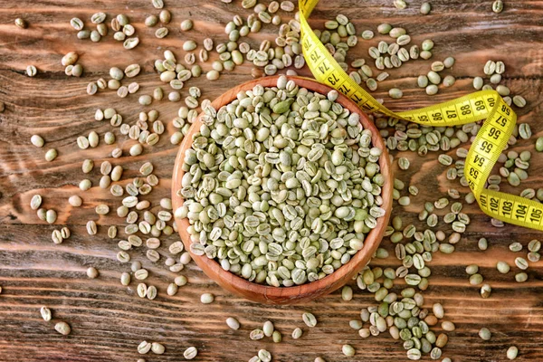 Bowl Green Coffee Beans Measuring Tape Table — Stock Photo, Image