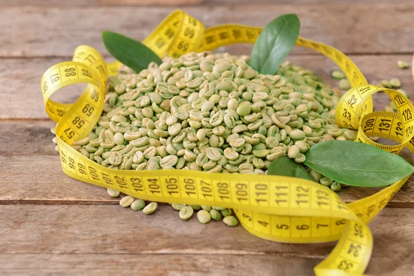 Green Coffee Beans Measuring Tape Table — Stock Photo, Image