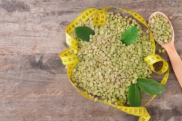 Green Coffee Beans Measuring Tape Table — Stock Photo, Image