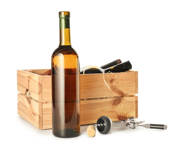 Caja Con Botellas Vino Sobre Fondo Blanco — Foto de Stock