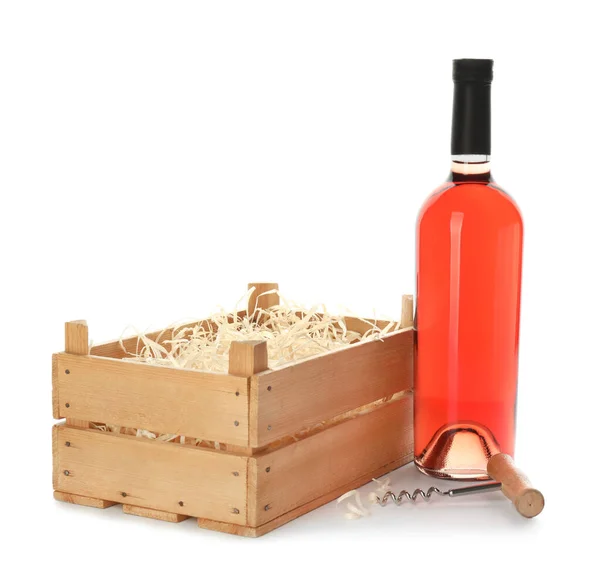 Caja Con Botella Vino Sobre Fondo Blanco — Foto de Stock