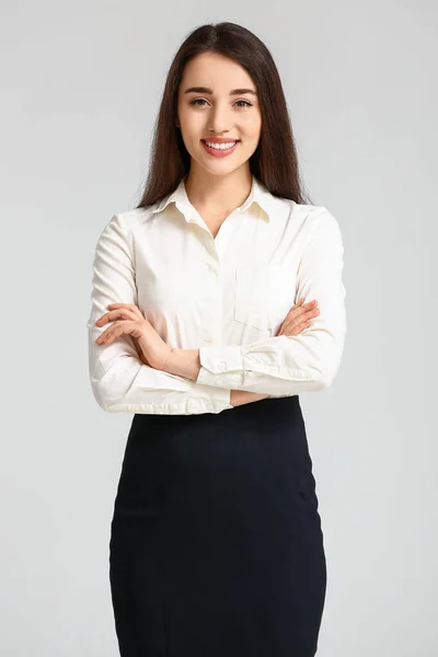 Portrait Beautiful Young Businesswoman Light Background — Stock Photo, Image