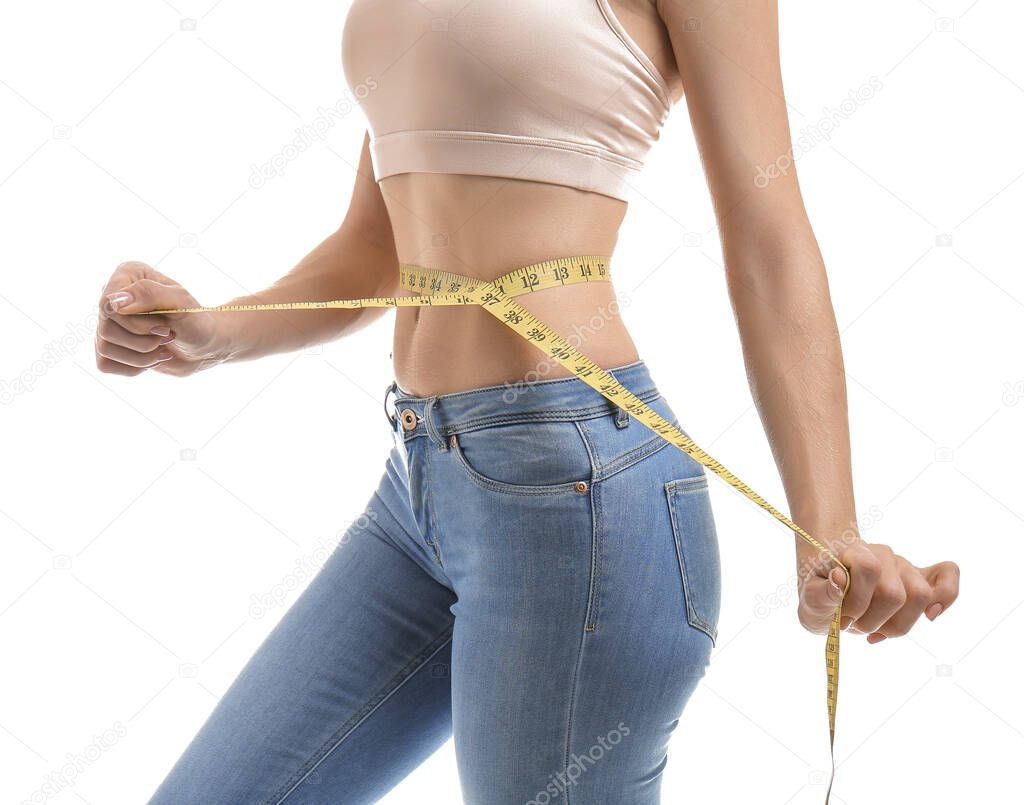 Slim woman with measuring tape on white background. Weight loss concept