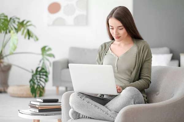 Beautiful Young Woman Working Laptop Home — Stock Photo, Image
