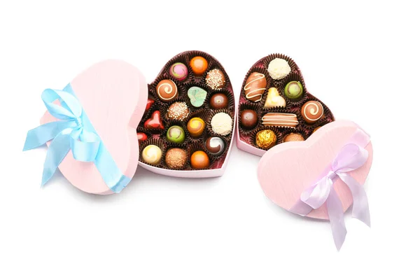 Heart Shaped Boxes Delicious Candies White Background — Stock Photo, Image