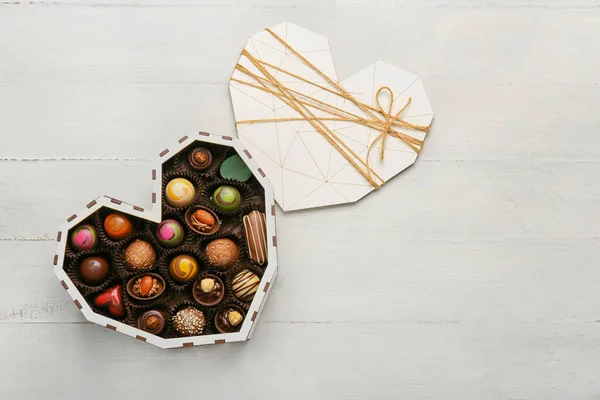 Heart Shaped Box Delicious Candies White Background — Stock Photo, Image