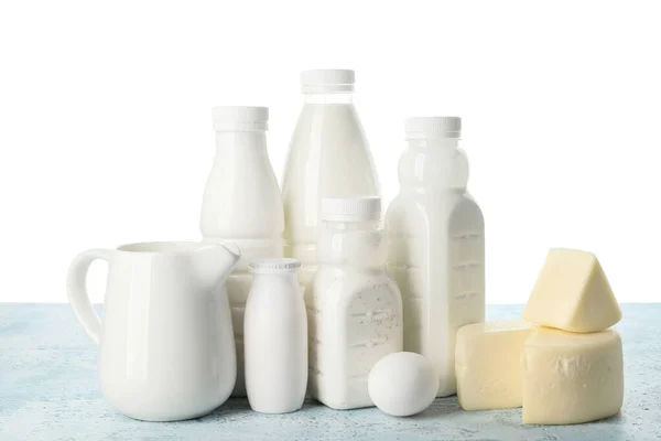 Различные Молочные Продукты Столе Белом Фоне — стоковое фото