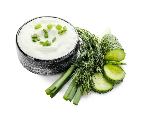 Delicious Yogurt Sauce Cucumber Bowl White Background — Stock Photo, Image