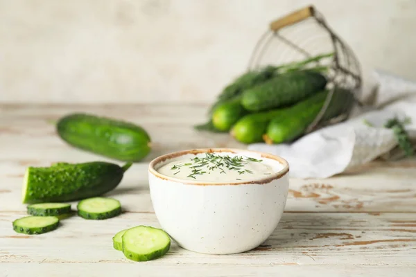 Delicious Yogurt Sauce Cucumber Bowl White Table — Stock Photo, Image