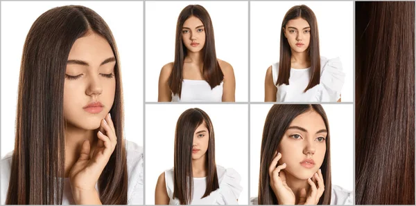 Set Young Woman Beautiful Straight Hair White Background — Stock Photo, Image