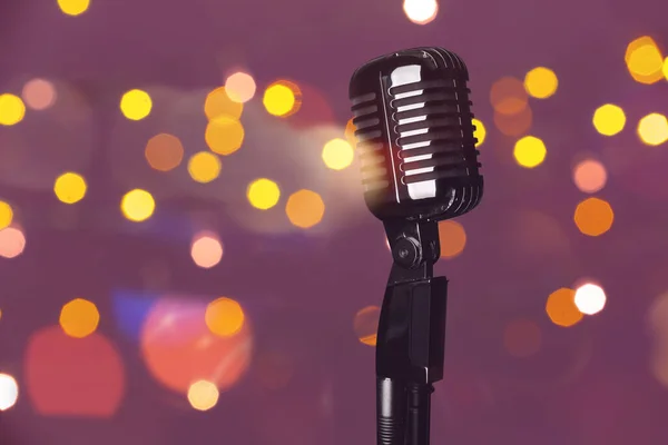 Retro Microphone Color Background Blurred Lights — Stock Photo, Image