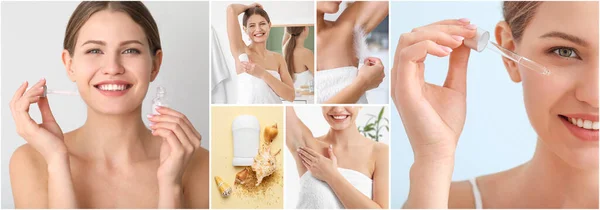 Collage Foto Con Giovane Donna Che Utilizza Prodotti Cosmetici — Foto Stock