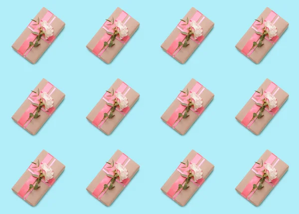 Viele Schöne Geschenkboxen Auf Farbigem Hintergrund — Stockfoto