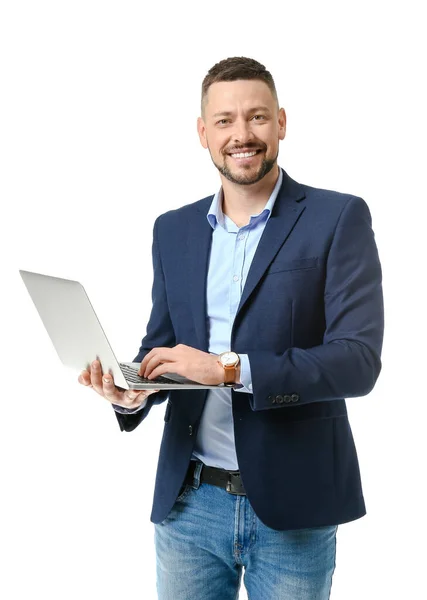 Portrait Handsome Businessman Laptop White Background — Stock Photo, Image