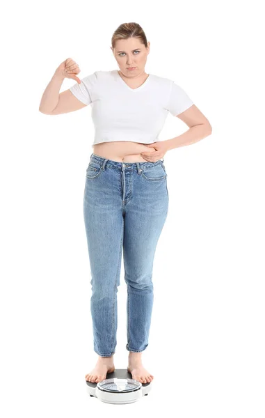 Displeased Overweight Woman Scales White Background Weight Loss Concept — Stock Photo, Image