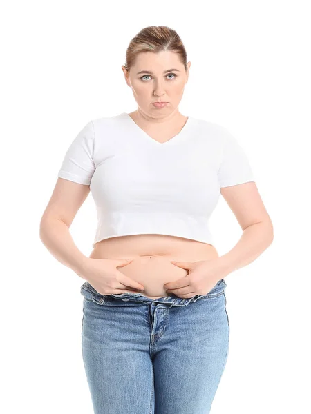 Mujer Con Sobrepeso Sobre Fondo Blanco Concepto Pérdida Peso —  Fotos de Stock