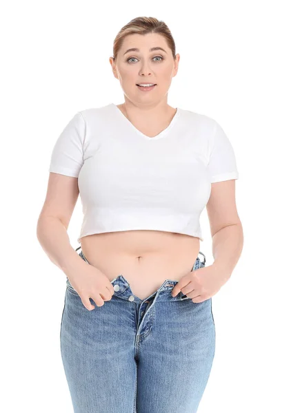 Overweight Woman White Background Weight Loss Concept — Stock Photo, Image