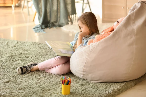 Cute Little Girl Reading Book Home — Stock Photo, Image