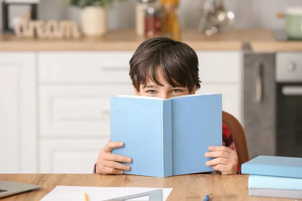 Little Boy Doing Homework Kitchen — Stock Photo, Image