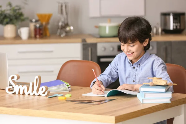 Little Boy Doing Homework Kitchen — Stock Photo, Image