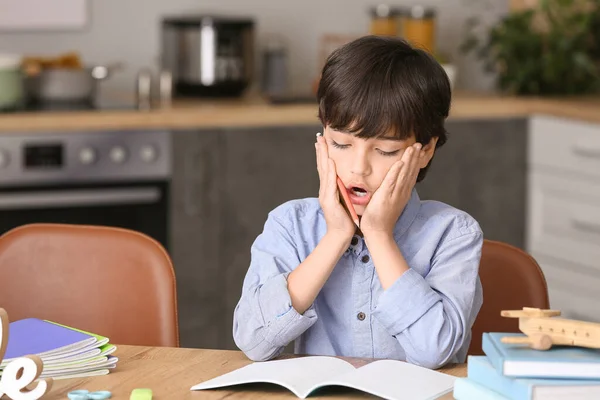 Troubled Little Boy Doing Homework Kitchen — Stock Photo, Image