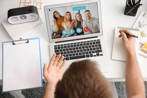 Young Man Video Chatting Friends Home — Stock Photo, Image