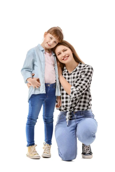 Mulher Feliz Com Pequena Garota Adotada Fundo Branco — Fotografia de Stock