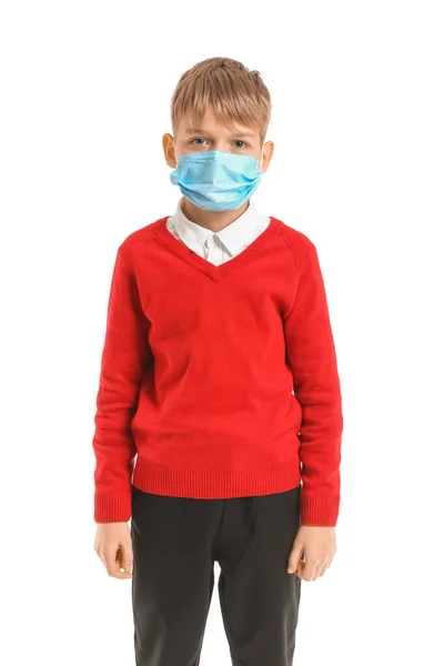 Schüler Schutzmaske Auf Weißem Hintergrund Konzept Der Epidemie — Stockfoto