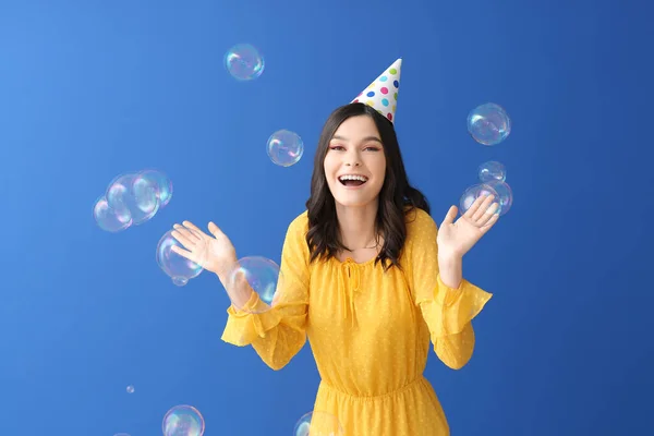Beautiful Young Woman Celebrating Birthday Color Background — Stock Photo, Image