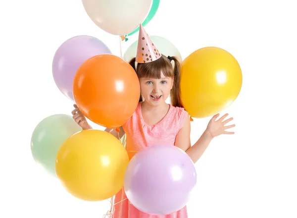 Mała Dziewczynka Świętuje Urodziny Białym Tle — Zdjęcie stockowe