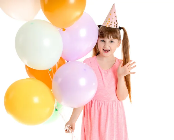 Klein Meisje Vieren Verjaardag Witte Achtergrond — Stockfoto