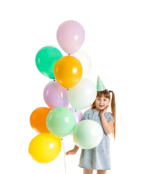 Niña Celebrando Cumpleaños Sobre Fondo Blanco — Foto de Stock