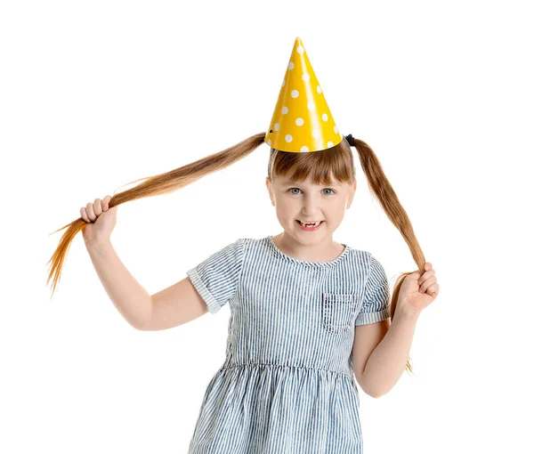 Klein Meisje Vieren Verjaardag Witte Achtergrond — Stockfoto