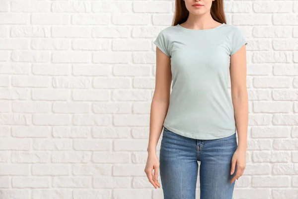 Young Woman Stylish Shirt White Background — Stock Photo, Image
