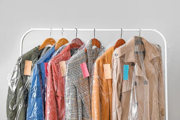 Rack Clothes Dry Cleaning Light Background — Stock Photo, Image