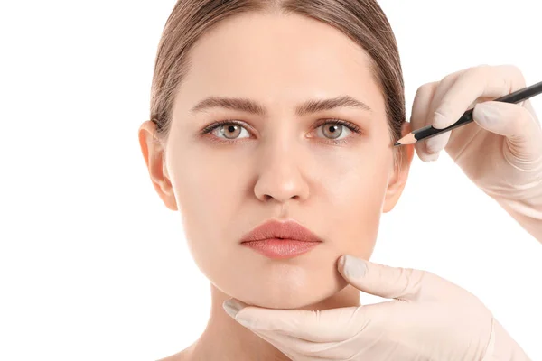 Plastic Surgeon Applying Marks Woman Face White Background — Stock Photo, Image