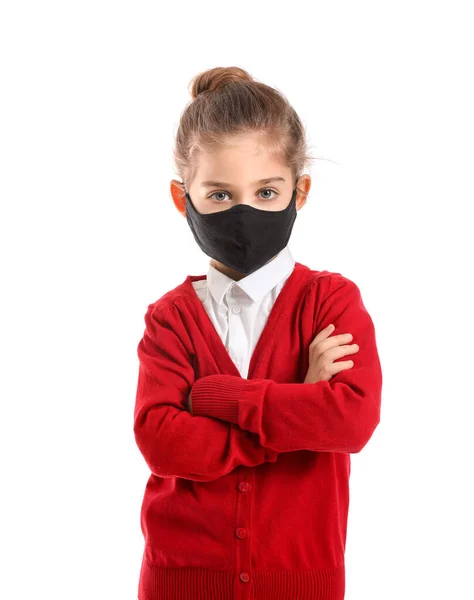 Niña Escuela Usando Máscara Médica Contra Fondo Blanco —  Fotos de Stock