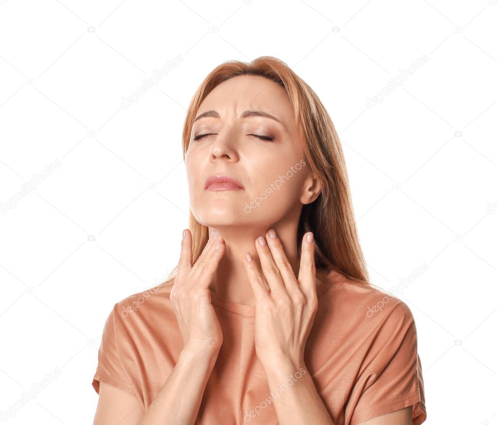 Woman with thyroid gland problem on white background