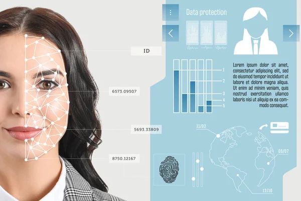 Jovem Empresária Usando Sistema Reconhecimento Facial Para Proteção Dados — Fotografia de Stock