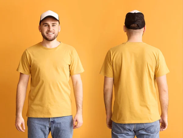 Renkli Arka Planda Şık Şapkalı Yakışıklı Bir Adam Arka Görünüm — Stok fotoğraf