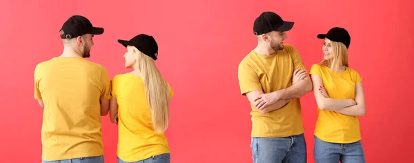 Young Couple Stylish Caps Color Background Front Back View — Stock Photo, Image