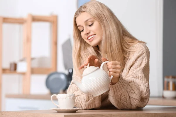 Beautiful Young Woman Drinking Tea Home — Stock Photo, Image