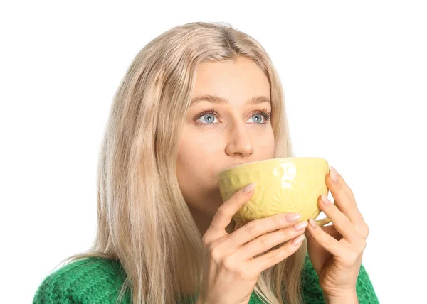 Schöne Junge Frau Mit Tee Auf Weißem Hintergrund — Stockfoto